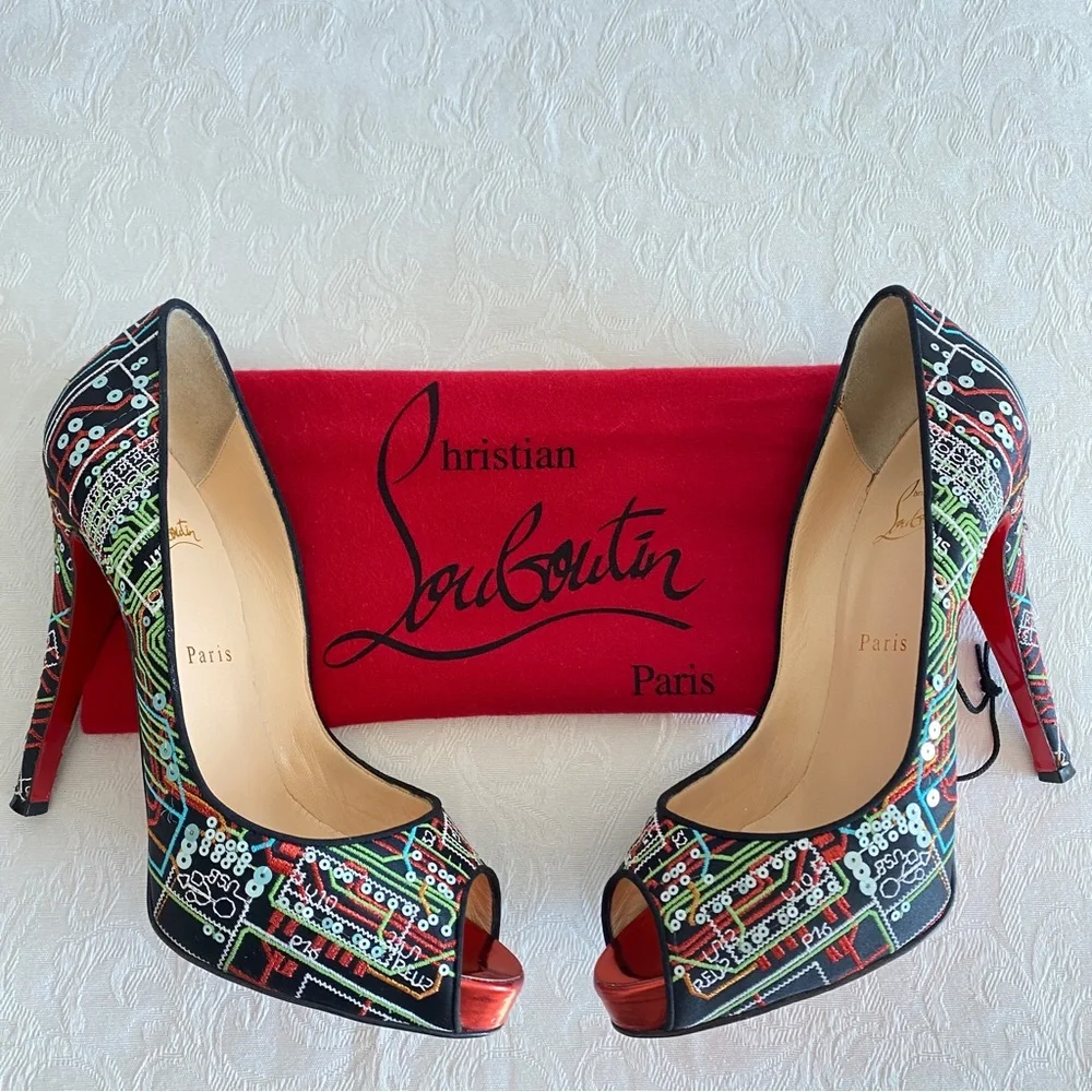 Christian louboutin embroidered peep toe platform pumps